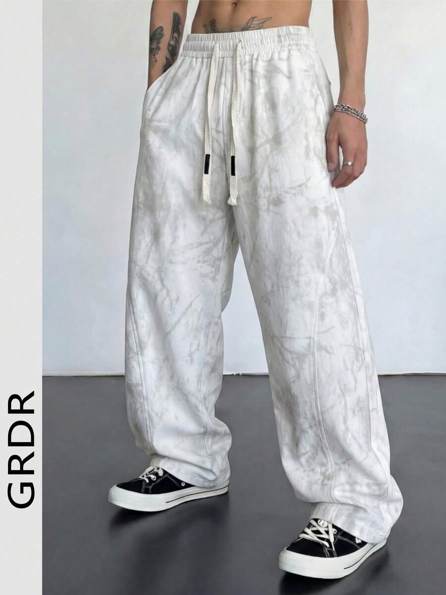 Spring New Tie-Dye Patchwork Maxi Loose Casual Pants, Breathable Ice Silk Relaxed Wide Leg Trousers With Elastic Waist And Drawstring, Comfortable And Fashionable - View 1