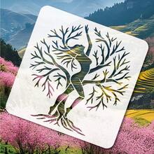 11.8x11.8 Inch Reusable Tree Of Life Silhouette & Female Silhouette Pattern Stencil, Suitable For Wall, Floor, T-Shirt, Fabric DIY Decoration - White - View 3