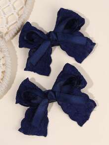 2pcs Navy Blue Lace & Satin Hair Bows For Girls ,Sweet Floral Print Hair Clips , Elegant Hair Styling Accessories ,Alligator Clips ,Hair Accessories For Wedding, Party, Daily Wear & Spring Summer - Multicolor - View 2