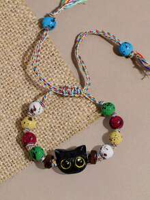 1pc Women's Fashionable Elegant New Chinese Style Versatile Black Cat Woven Tassel Glass Beaded Bracelet, Suitable For Daily Wear - Multicolor - View 4