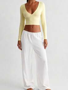 XLLAIS Áo croptop tay dài cổ chữ V gợi cảm, chất liệu vải yoga co giãn cao cấp hai lớp, thích hợp mặc mùa xuân. - Màu vàng - Xem 6