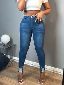 Women's High-Waisted Stretch Skinny Jeans - Hair Edge Waistband Distressed Ripped Ankle Denim Pants, Butt-Lifting Slim Fit Casual Trousers - 深色水洗藍 - 查看 6