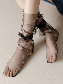 1 Pair Women's Thin Mesh Ruffle Socks, Embossed Snowflake & Star Pattern, Bow Tie Transparent Strap Mid-Calf Socks, Versatile Transparent Ladies Socks, Spring/Summer - Multicolor - View 7