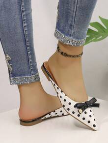 Elegant Polka Dot Office Shoes,  Bow Decor White Flats For Summer, Slip-On Slippers  Women's Flats - 白色 - 查看 9