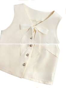 Conjunto de 2 piezas de verano con top corto con cuello en V y lazo en la parte delantera, y shorts plisados de línea A en unicolor elegante para mujer - Albaricoque - Ver 4
