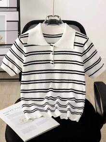 Women's Summer Polo Shirt Short Sleeve Knit Striped Top - White - View 1