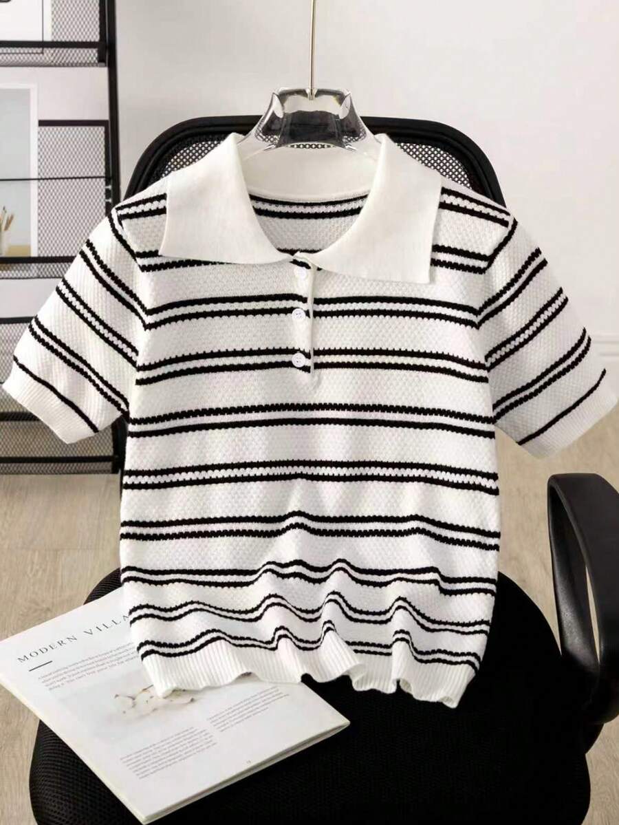 Women's Summer Polo Shirt Short Sleeve Knit Striped Top - White - View 1