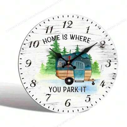 1개 무소음 쿼츠 무브먼트 캠핑 벽시계 - "집은 당신이 걸어두는 곳" 장식용 원형 나무 시계, 배터리 전원 (AA 배터리 미포함), 거실, 사무실 및 침실에 적합