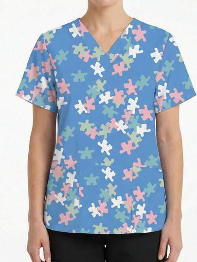 Uniformtop met puzzelpatroon, V-hals, korte mouwen en zakken, geschikt voor medisch gebruik