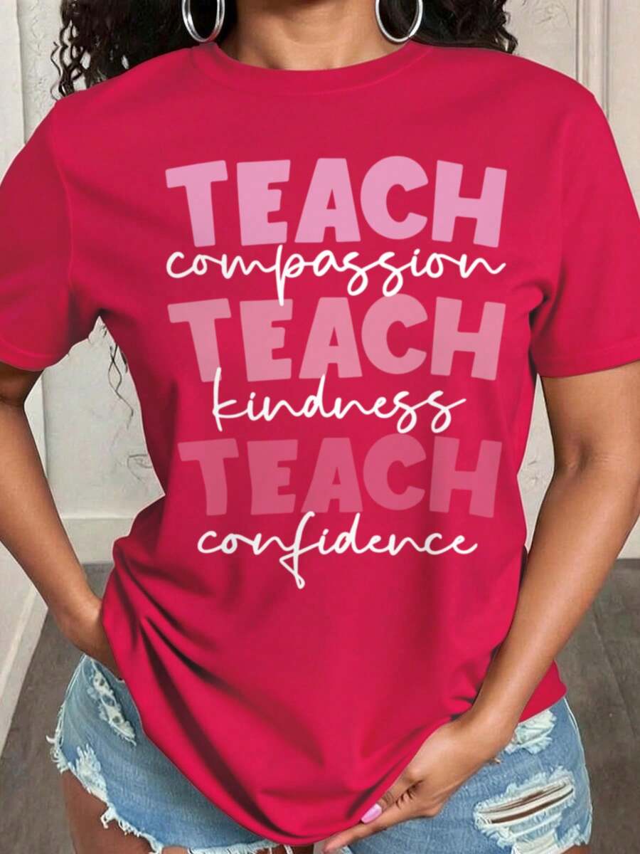 Profesor Estético Camiseta Gráfica Regalo, Camisetas De Tallas Grandes Para Maestras Con Estampado De La Frase "Enseñar Es Un Trabajo De Corazón ", Ideal Como Regalo Para El Día Del Maestro, Camiseta De Manga Corta De Verano - Rojo - Ver 1