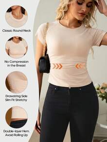 Suprenx 1件女士褶皱胸衣，竹纤维短袖修身塑形上衣，显瘦透气舒适T恤 - 米色 - 查看 3