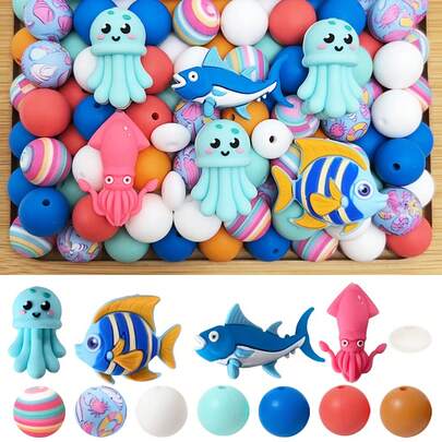 25/44/50/64 قطعة مجموعة خرز سيليكون بأشكال مخلوقات البحر - قرش، دولفين، أسماك المياه العميقة، قنديل البحر، حبار، حصان البحر، نجمة البحر - مناسبة لصنع سلسلة المفاتيح والقلائد والأساور والأقلام الزخرفية والمجوهرات والتعليقات - رائعة كهدايا للأعياد والمناسبات
