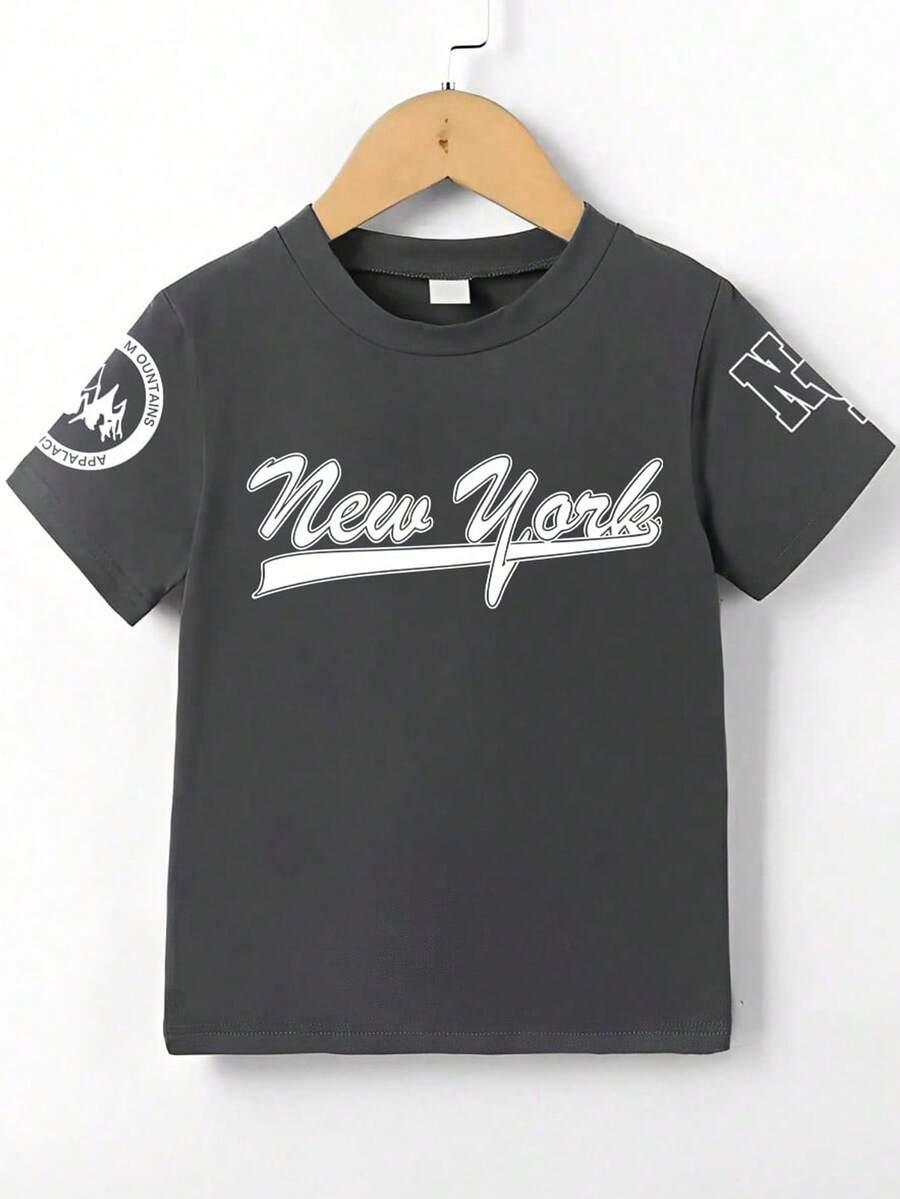 青少年男孩卡通印花短袖T恤 - 深灰色 - 查看 1