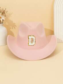 1pc Unisex Children's Letter Decor Pink Felt Brimmed Hat, 26 Letters Available, American Western Cowboy Style, Outdoor Casual Sun Hat For All Seasons, Suitable For Daily Wear, Parties, Outdoor Activities, Children's Gift - Pink - View 45