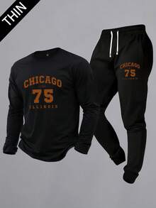 2pcs/Set Men's Long Sleeve T-Shirt And Drawstring Sweatpants, Suitable For All Seasons. It Is Lightweight And Breathable, With A Fashionable Retro American Letter Print. Whether You Are Going To The Gym, Outdoor Running, Playing Basketball, Or Other Sports, Attending Classes, Commuting, Going Out, Relaxing At Home, Or Hanging Out With Friends, This Outfit Is Very Suitable For Various Occasions. Spring - Multicolor - View 1