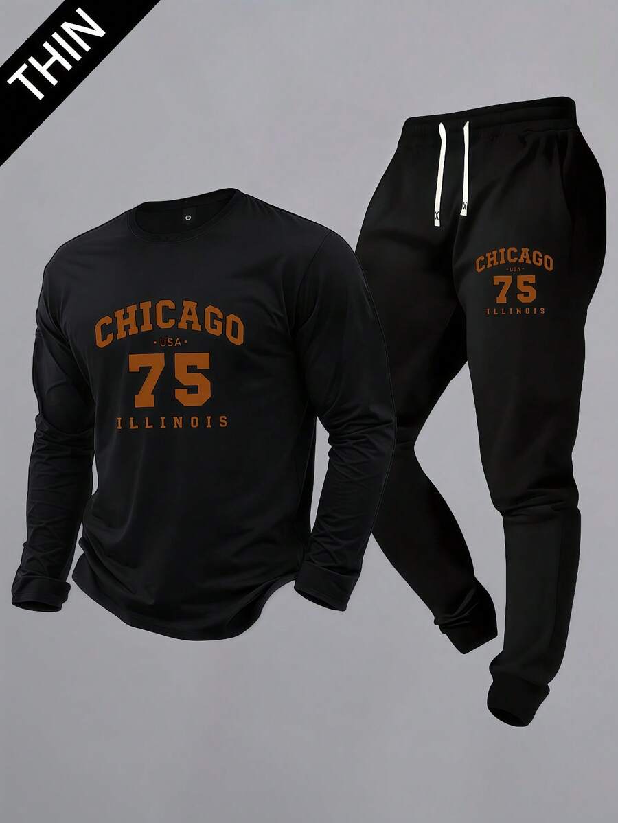 2pcs/Set Men's Long Sleeve T-Shirt And Drawstring Sweatpants, Suitable For All Seasons. It Is Lightweight And Breathable, With A Fashionable Retro American Letter Print. Whether You Are Going To The Gym, Outdoor Running, Playing Basketball, Or Other Sports, Attending Classes, Commuting, Going Out, Relaxing At Home, Or Hanging Out With Friends, This Outfit Is Very Suitable For Various Occasions. Spring - Multicolor - View 1