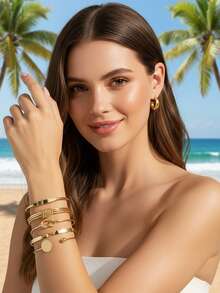 imoli 5pcs Minimalist Alloy Geometric Exaggerated Open Bangle, Round Linked Knotted Chain Bracelets Set For Women, Adjustable Size - Multicolor - View 5