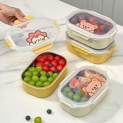 900ML 304 Stainless Steel Lunch Box With Cute Cartoon Pattern, Microwave Heatable & Leak Proof Fruit Salad Food Container, Refrigerator Fresh-Keeping Box With Lid, Portable Large Capacity Bento Boxe, Suitable For Student And Adult Use In School, Office, Outdoor Camping, Picnic, Travel,Back To School