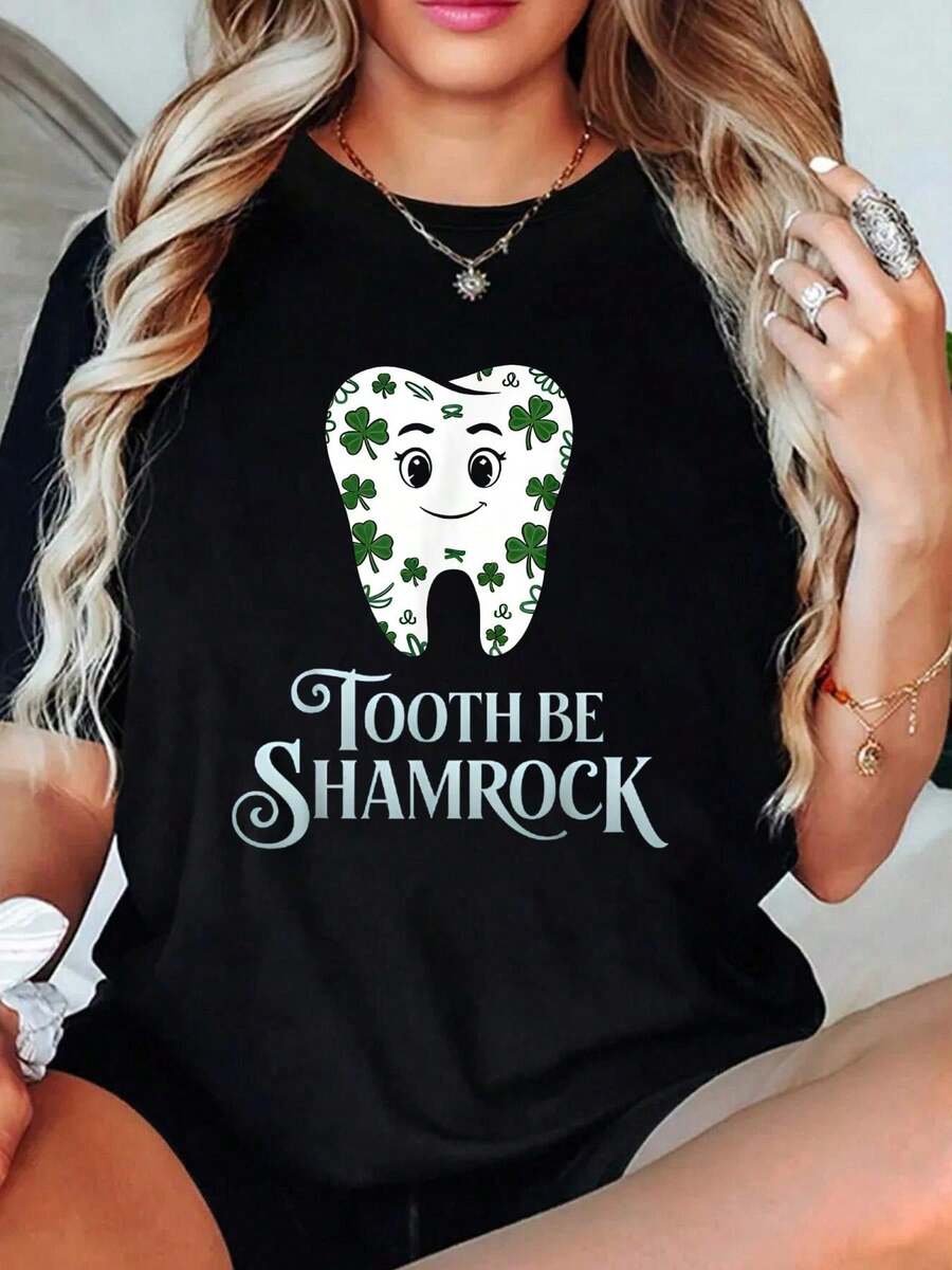 St. Patrick's Day Dentist Dental Assistant Shamrock Tooth T-Shirt Women's Round Neck Short Sleeve T-Shirt Fashion Graphic Tees Women Top - Black - View 1