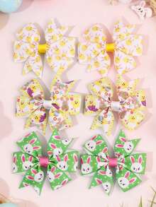 6pcs Easter Day Cartoon Hair Bows For Girls, Cute Chick & Bunny Print Hair Clips, Alligator Clips ,Grosgrain Ribbon Hair Barrettes ,Spring Holiday Hair Accessories - Multicolor - View 11