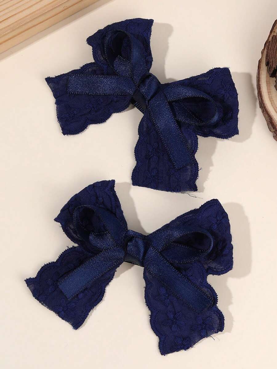 2pcs Navy Blue Lace & Satin Hair Bows For Girls ,Sweet Floral Print Hair Clips , Elegant Hair Styling Accessories ,Alligator Clips ,Hair Accessories For Wedding, Party, Daily Wear & Spring Summer - Multicolor - View 1