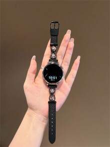 Correa de reloj de piel genuina con patrón de gato lindo, ajustable de 18 mm/20 mm/22 mm de longitud, compatible con Samsung Galaxy y otras marcas de relojes, duradera y suave y transpirable - Diamante rosa de piel negra - Ver 7