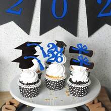 2026年蓝色闪光毕业纸杯蛋糕装饰，2026年毕业派对用品食品/开胃菜签 - 藍色 - 查看 3