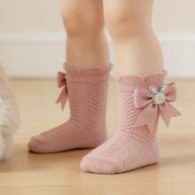 Baby Girl Socks With Bows Soft Pearl Bunny Infant Princess Dress Socks Toddler Ruffle Socks - Rosa - Ver 3