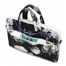 Canvaslove Floral Laptop Messenger Bag, Water Resistant Canvas, 15-16 Inch Compatible, Black With Blue And White Flowers (White Flower) - 白花 - 查看 3