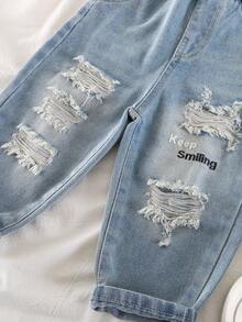 Quần jean denim dáng rộng, in họa tiết rách rưới dành cho bé trai, thích hợp cho mặc thường ngày, đi học, dã ngoại, mùa xuân. - Màu xanh nhạt - Xem 7