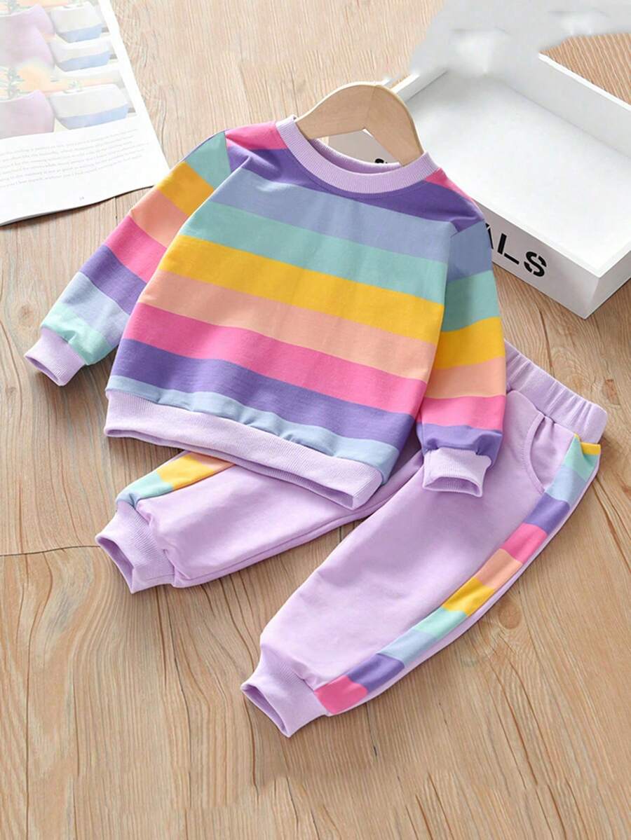 Baby Girls' Colorful Striped Crew Neck Long Sleeve Top And Pants Set, Spring/Autumn - Purple - View 1