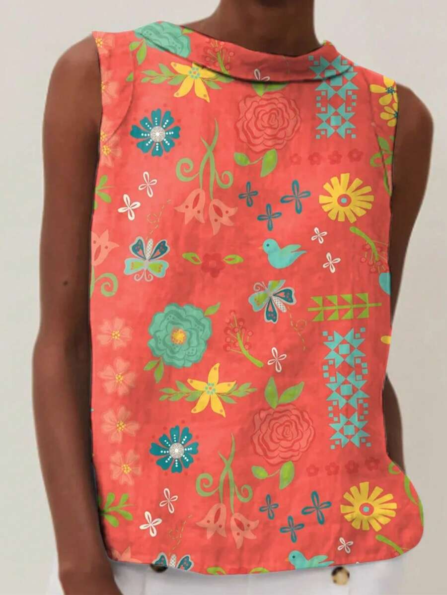 Women's Vintage Floral Print Shirt Round Neck Sleeveless Top - Nhiều màu - Xem 1