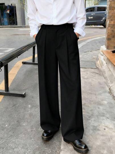 남성용 솔리드 컬러 플리츠 와이드 레그 캐주얼 수트 팬츠 포켓 포함, 영 아메리칸 스타일