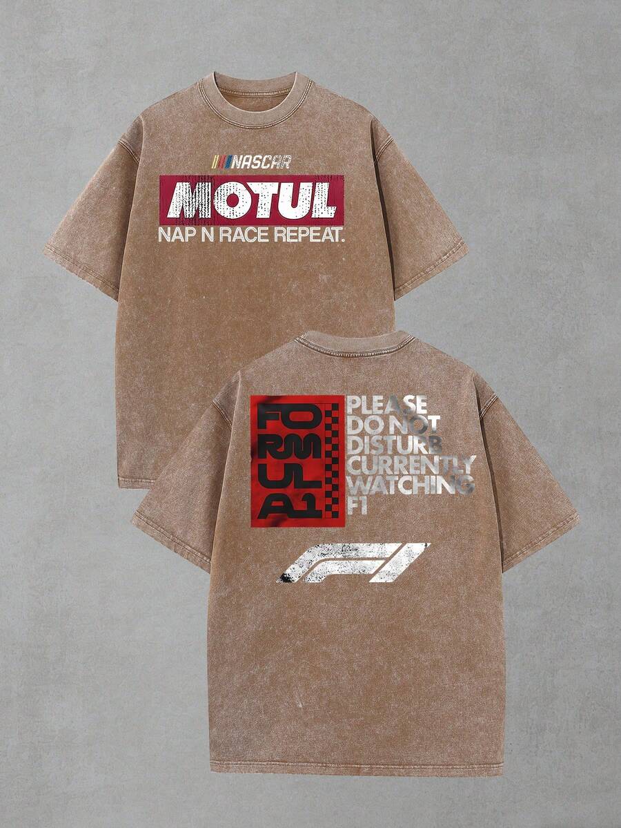 2-Sided MOTUL F1 "Do Not Disturb" Graphic Men's Crew Neck Oversized Washed Short Sleeve T-Shirt - Lightweight Cotton Blend, Playful Racing Meme Vibe, Perfect For F1 Watch Parties & Lazy Days, Ideal Gift For Motorsport Memers, Mens Casual Shirt, Street Fashion, Camisas Para Hombre - 咖啡棕 - 查看 1