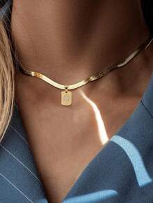 1pc Girl's Pendant Necklace, Minimalist Layered Style, Stainless Steel Flat Chain With Cubic Zirconia Rectangular Star Pendant, Versatile Daily Wear, Gift Accessory - Yellow Gold - View 1