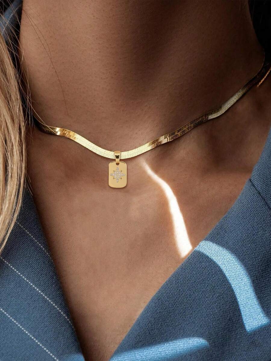 1pc Girl's Pendant Necklace, Minimalist Layered Style, Stainless Steel Flat Chain With Cubic Zirconia Rectangular Star Pendant, Versatile Daily Wear, Gift Accessory - Yellow Gold - View 1