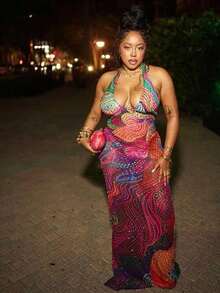 Floral Corset Dress For Women, Fashionable And Elegant V-Neck Sleeveless Draped Back Backless Fitted Dress, Holiday Travel And Vacation Attire - 彩色 - 查看 6