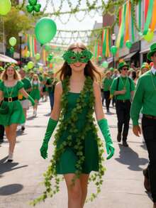 3pcs St. Patrick's Day Costume Set, Green Women's Outfit Including 1pc Green Lace Disguise, 1 Pair Green Gloves, 5pcs Hanging Fake Ivy Vines, Suitable For St. Patrick's Day Party, Ball, Carnival, Ivy Costume Set - Multicolor - View 3