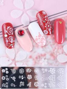 4PCS Flower And Plant Nail Templates, Dandelion, Rose, Cherry Blossom, And Flower Leaf Pattern Design Nail Printing Boards, DIY Nail Printing Stainless Steel Templates For Spring And Summer, Nail Tools - Silver - View 9