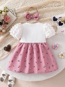 1 pieza Vestido de princesa con parches florales dulces para niñas bebé, vestido de verano con mangas abullonadas, adecuado para bebés de 0-1-2-3 años, bebé niña de 6-9 meses, uso al aire libre, casual, fiesta, regalo de cumpleaños, regalo festivo - Rosa - Ver 2