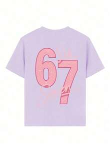 Tween女孩 Six Seven 卡通印花T恤，適合日常穿著，女童春夏時尚休閒上衣 - 淡紫色 - 查看 6