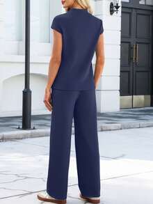 Two Piece Sets For Women 2026 Summer Travel Outfits Mock Neck Cap Sleeve Tops Lounge Set Wide Leg Pants Suitable For Long Travel Days, Airport Outfits, Busy Schedules, Light Exercise, And Relaxed Evenings Adapts Smoothly To Changing Plans - Màu xanh hải quân - Xem 3