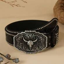 Western Polygon Bull Skull Buckle Cowboy Style PU Leather Belt, Alloy Buckle, Bohemian - A - View 1