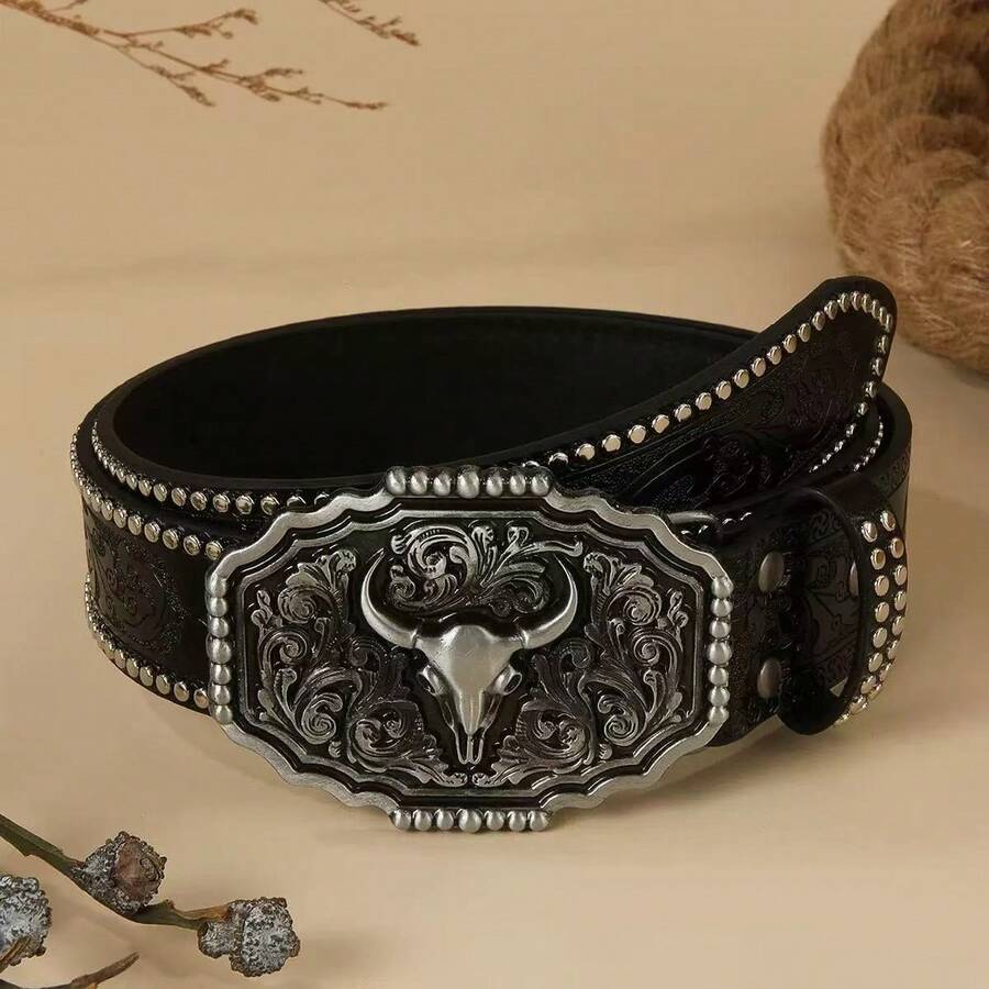Western Polygon Bull Skull Buckle Cowboy Style PU Leather Belt, Alloy Buckle, Bohemian - A - View 1