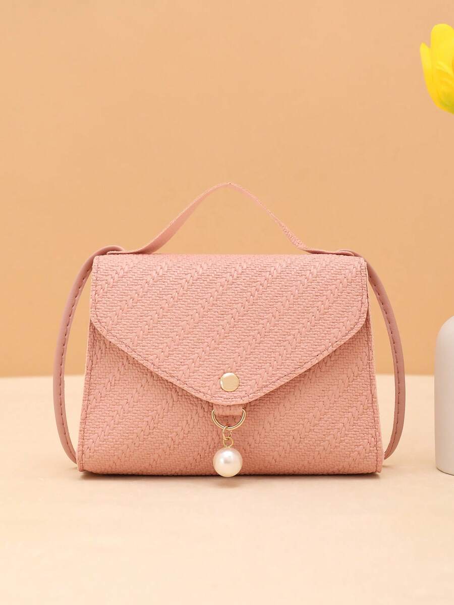 Bolso bandolera de unicolor con textura de hierba y decoración de perlas - Rosa - Ver 1
