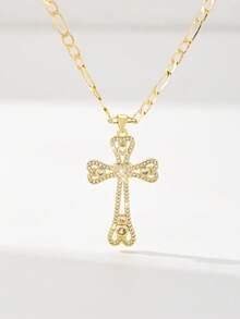 1pc European & American Classic Copper Inlaid Zirconia Cross Pendant Necklace, Limited Edition "Light Of Protection", Suitable For Christmas, Thanksgiving, Halloween, Mother's Day, Valentine's Day, Friends, Church Members, First Holy Communion, Gift, Daily & Holiday Wear, Prayer - Yellow Gold - View 2