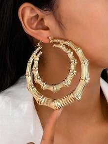 1 Pair Women Exaggerated Big Node Hoop Earrings - 黃金一號 - 查看 3