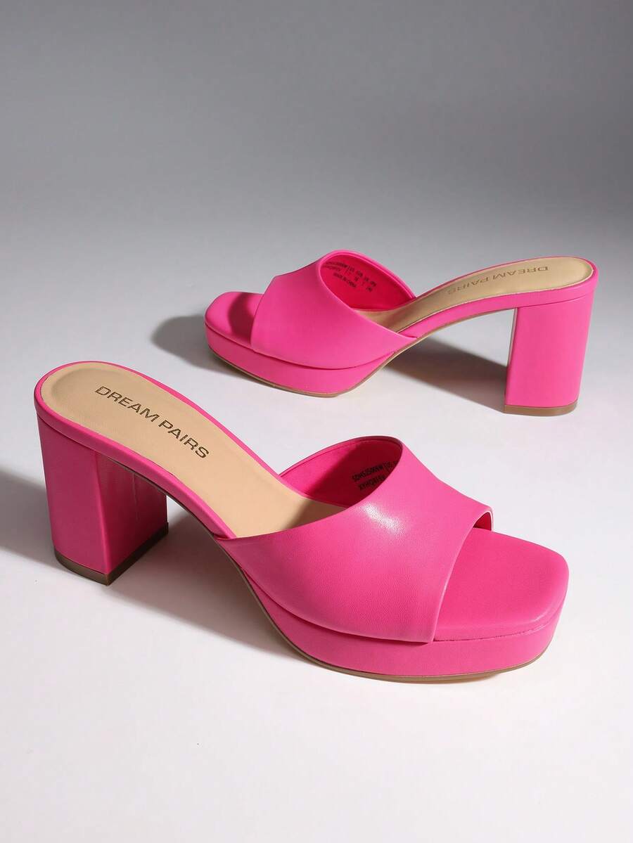 Women Minimalist Open Toe Heeled Mule Sandals Slip On, Thick Heel Casual High Heel Sandals For Outdoor Spring/Summer - Màu Hồng Tươi - Xem 1