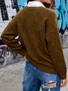 大码女式宽松纯色落肩长袖针织开衫，时尚百搭 - 咖啡棕 - 查看 4