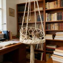 1件套手工编织猫吊床，波西米亚风格悬挂式猫床，带流苏猫抓柱，手工编织猫秋千吊床，纤维艺术猫床，四季皆宜 - 白色 - 查看 5